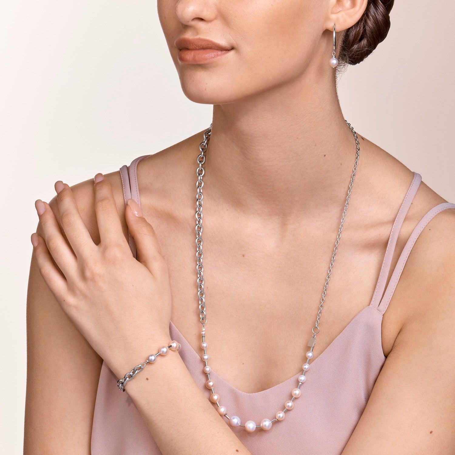 Collana Perle d'acqua dolce e chunky chain 4-in-1 bianco-argento