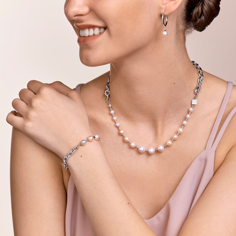 Bracciale perle d'acqua dolce & chunky chain 4-in-1 bianco-argento
