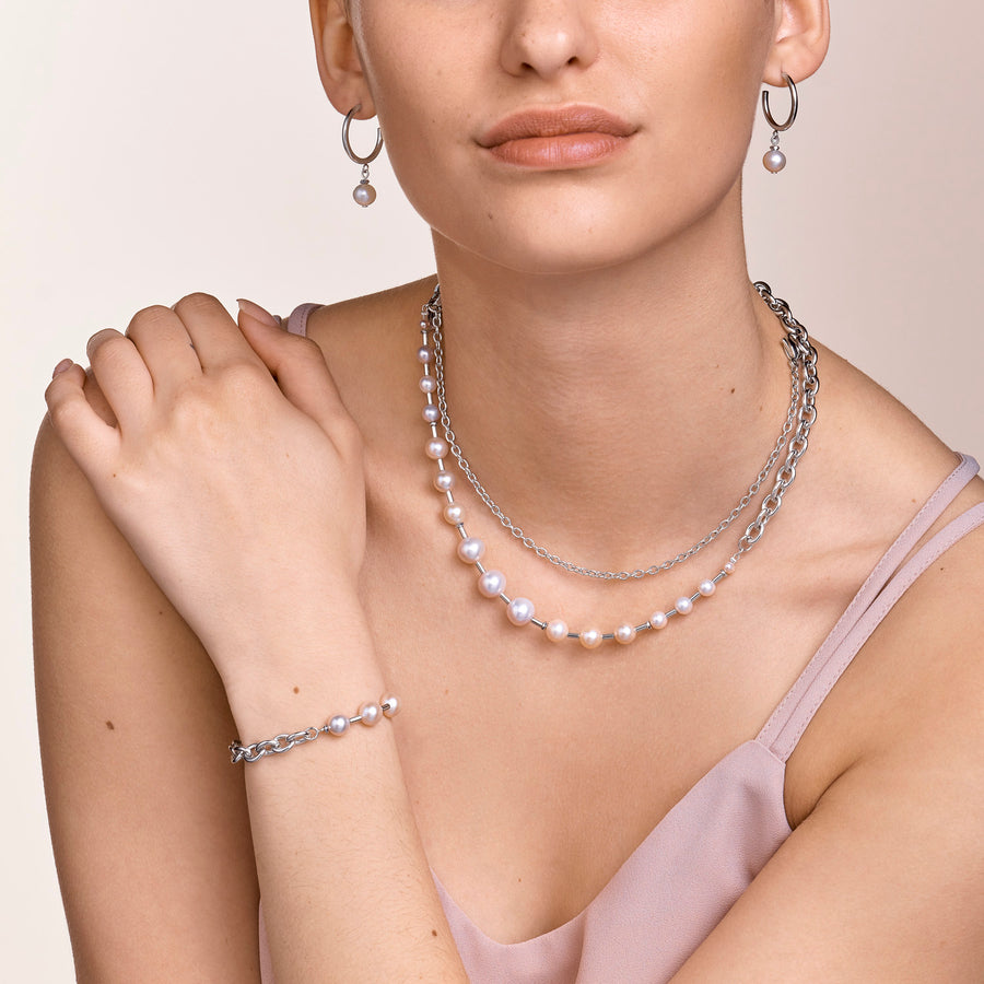 Bracciale perle d'acqua dolce & chunky chain 4-in-1 bianco-argento