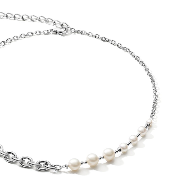Collana Perle d'acqua dolce e chunky chain 4-in-1 bianco-argento