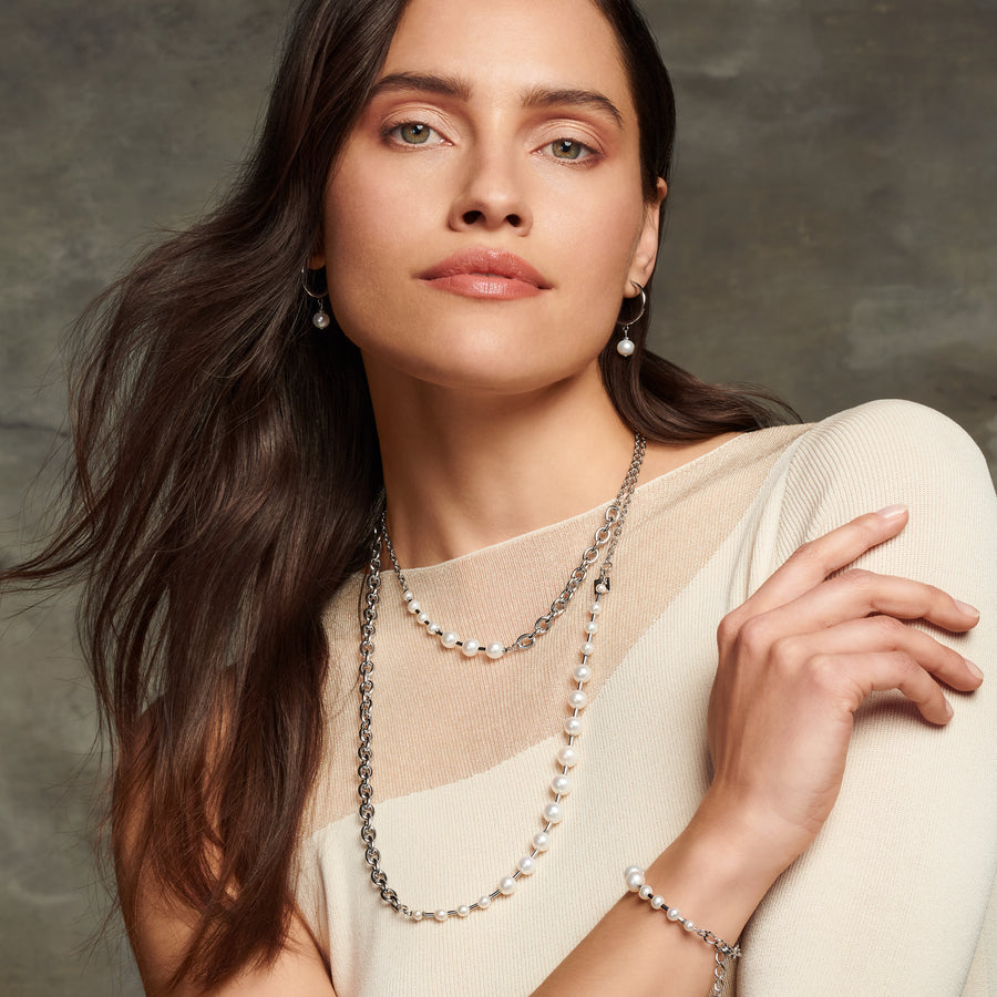 Orecchini Creole perle d'acqua dolce & chunky chain 4-in-1 bianco-argento