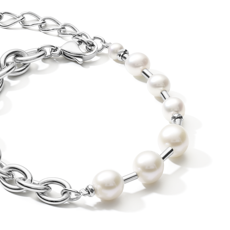 Bracciale perle d'acqua dolce & chunky chain 4-in-1 bianco-argento