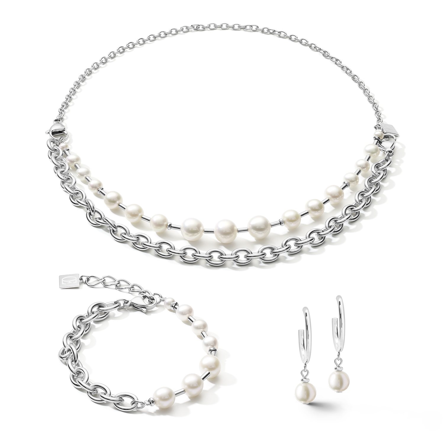 Bracciale perle d'acqua dolce & chunky chain 4-in-1 bianco-argento