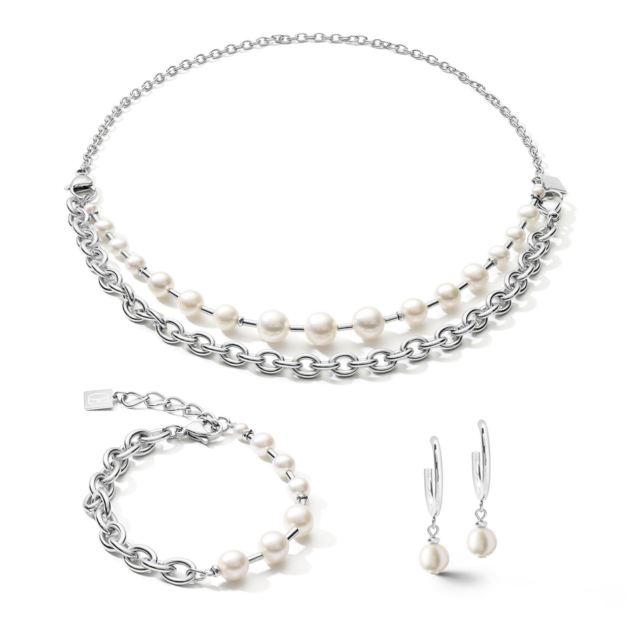 Bracciale perle d'acqua dolce & chunky chain 4-in-1 bianco-argento