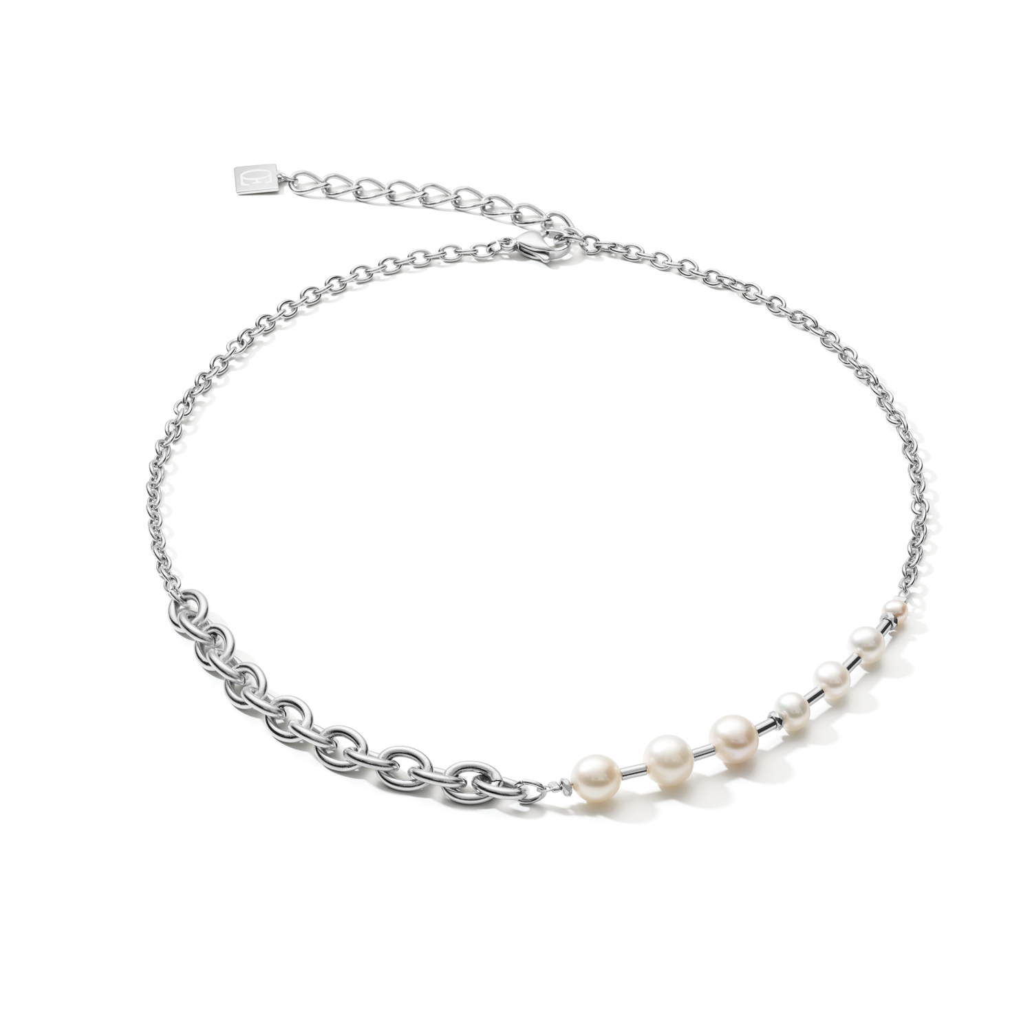 Collana classica & moderna perle d'acqua dolce e catena in acciaio inossidabile bianco-argento