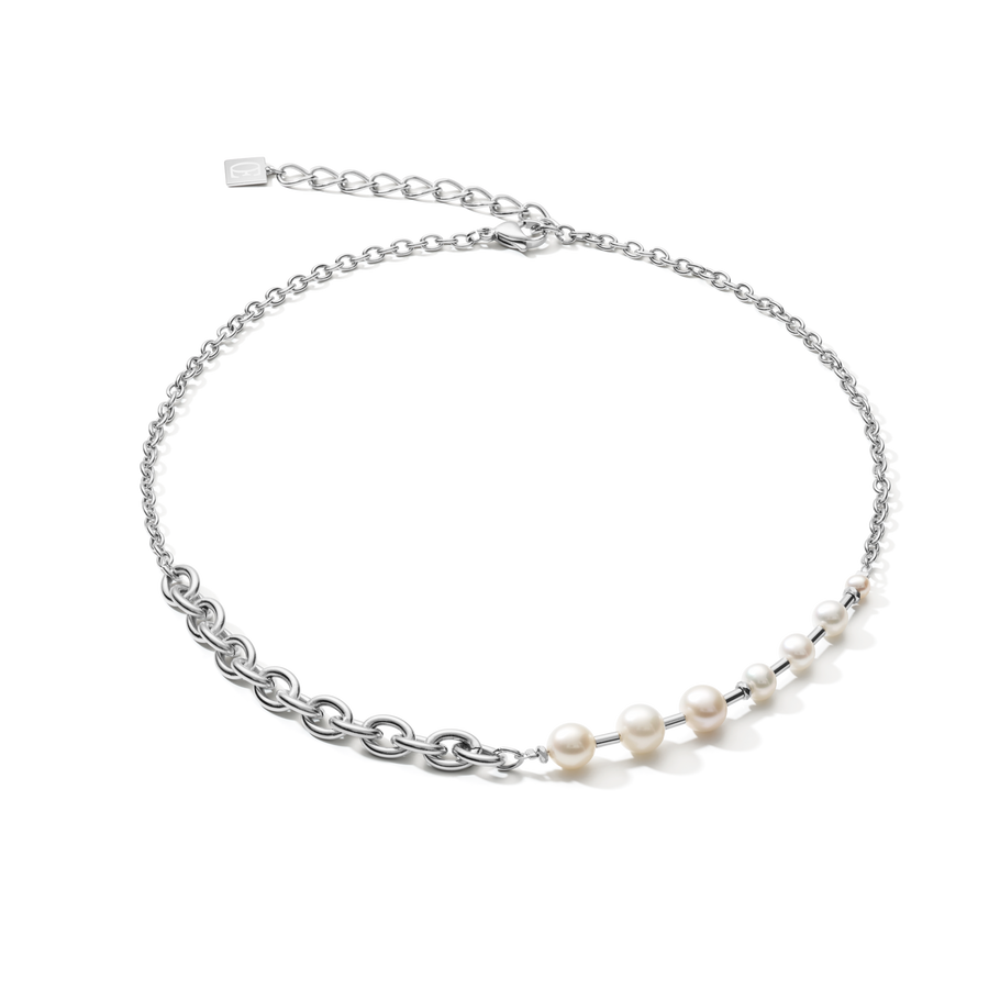 Collana classica & moderna perle d'acqua dolce e catena in acciaio inossidabile bianco-argento