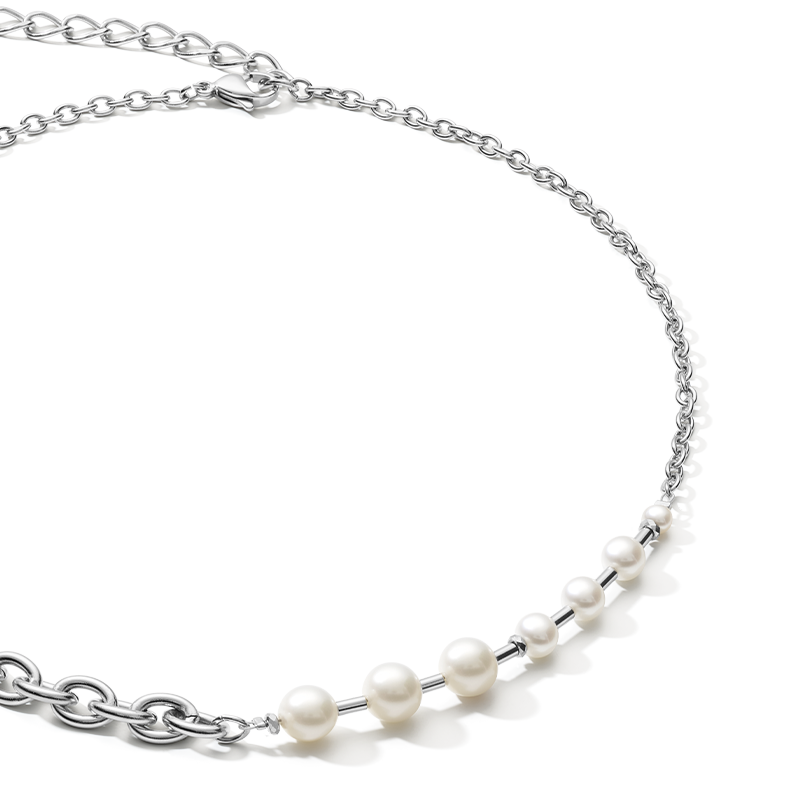 Collana classica & moderna perle d'acqua dolce e catena in acciaio inossidabile bianco-argento
