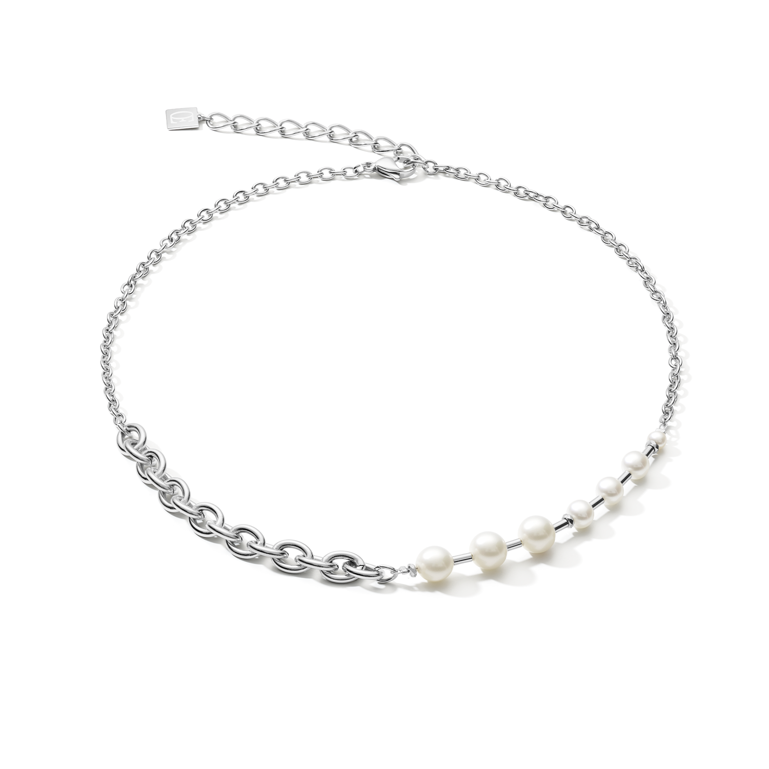 Collana classica & moderna perle d'acqua dolce e catena in acciaio inossidabile bianco-argento