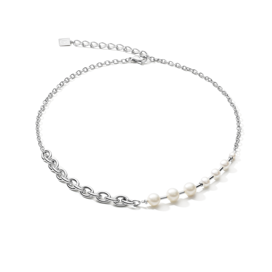 Collana classica & moderna perle d'acqua dolce e catena in acciaio inossidabile bianco-argento