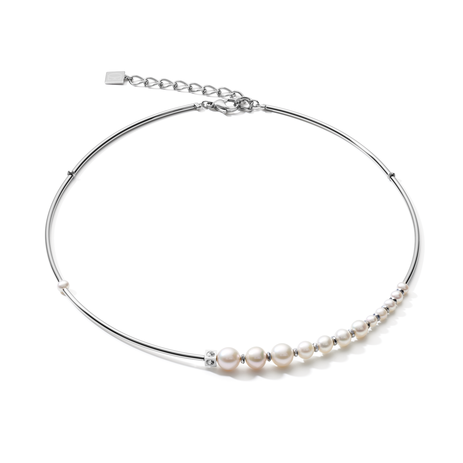 Collana Asimmetria perle d'acqua dolce e acciaio inossidabile bianco-argento