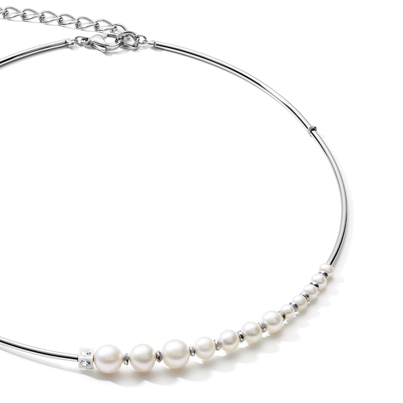 Collana Asimmetria perle d'acqua dolce e acciaio inossidabile bianco-argento