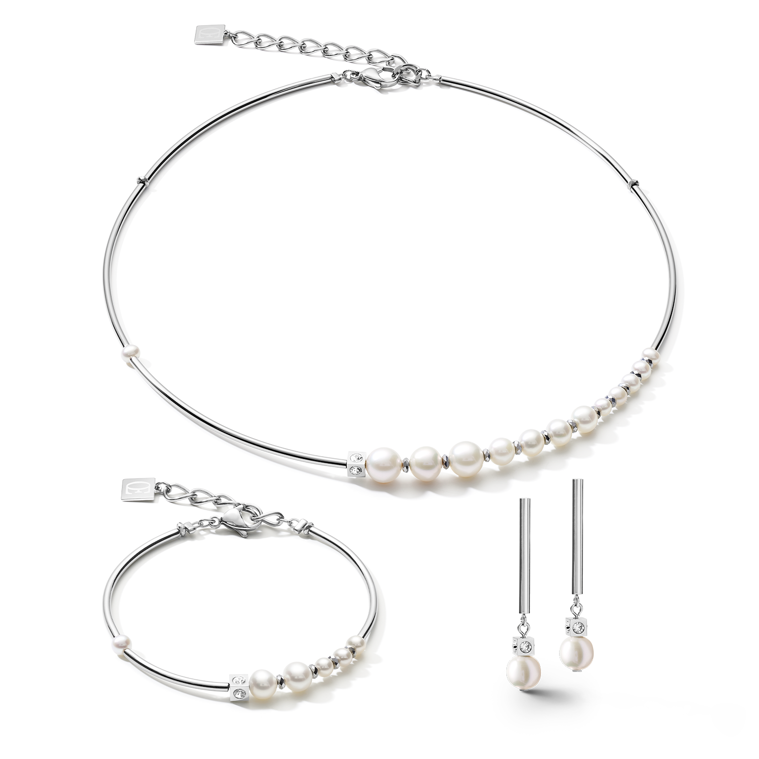 Orecchini Asimmetria perle d'acqua dolce e acciaio inossidabile bianco-argento