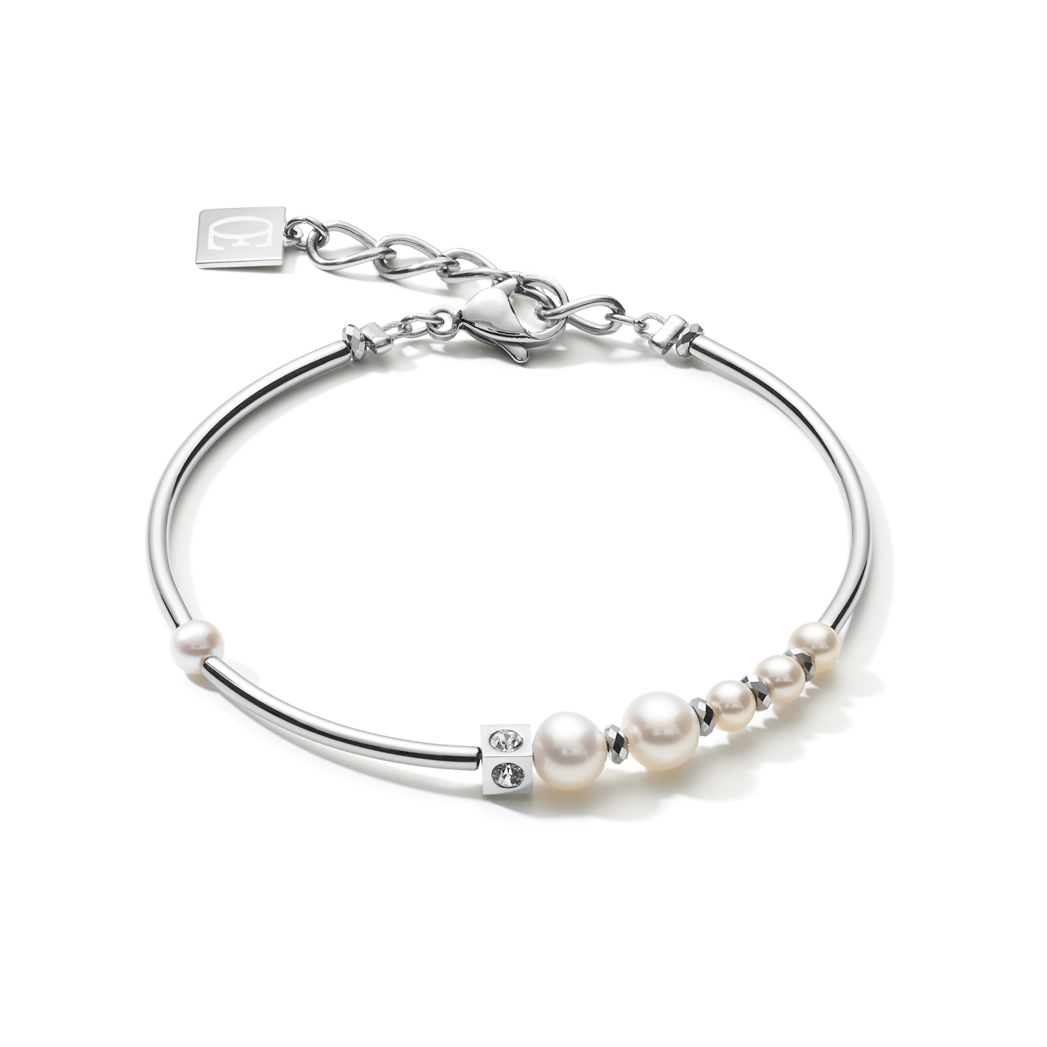 Bracciale Asimmetria perle d'acqua dolce e acciaio inossidabile bianco-argento