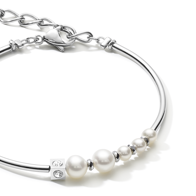 Bracciale Asimmetria perle d'acqua dolce e acciaio inossidabile bianco-argento