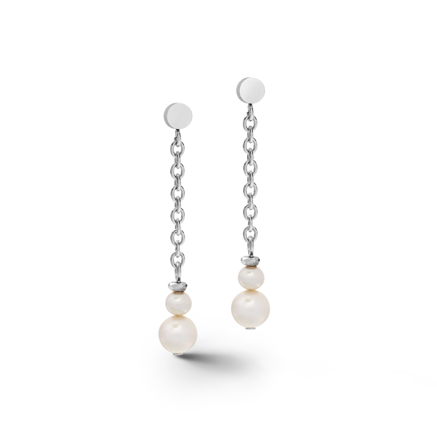 Orecchini Y Chain & Anello Perle d'acqua dolce e acciaio inossidabile bianco-argento