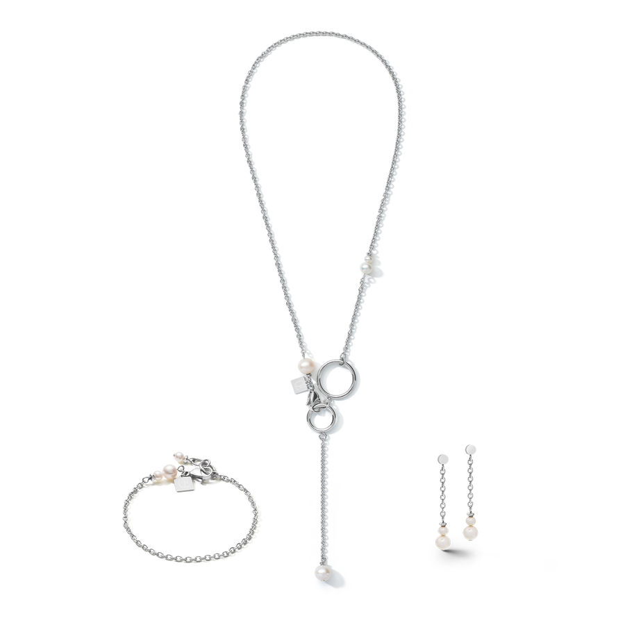 Orecchini Y Chain & Anello Perle d'acqua dolce e acciaio inossidabile bianco-argento