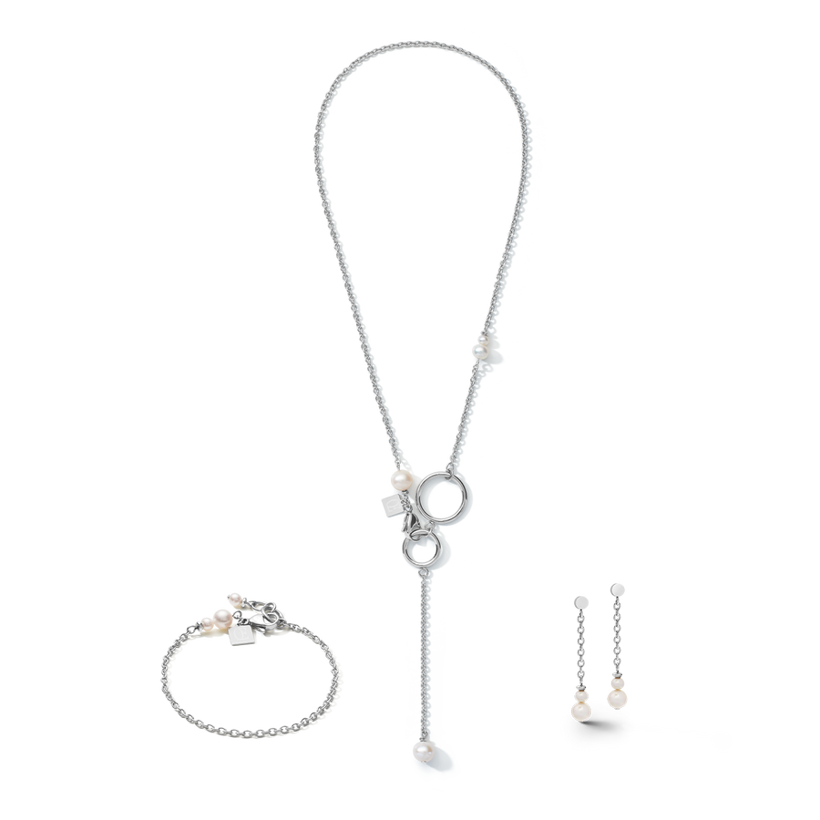 Bracciale Y Chain & Anello Perle d'acqua dolce & Acciaio inossidabile bianco-argento