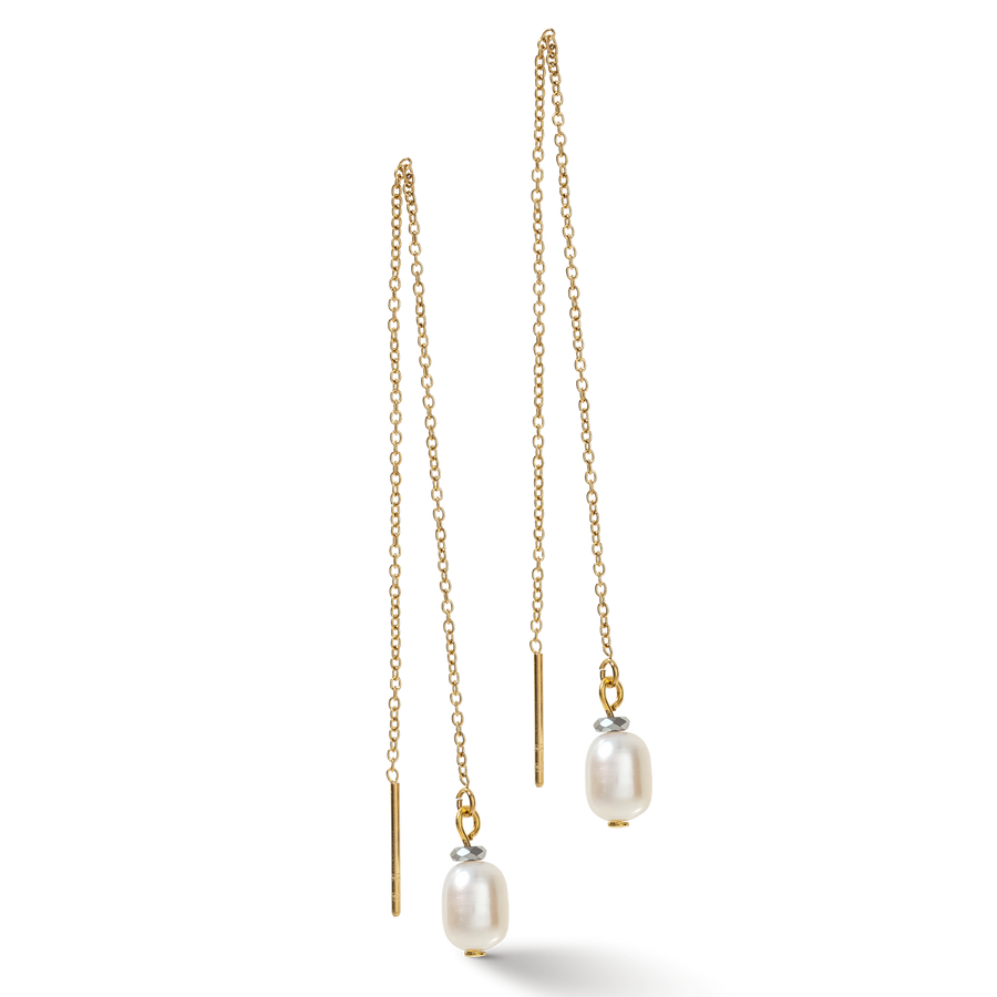 Orecchini Y Chain & Perle ovali d'acqua Dolce oro bianco