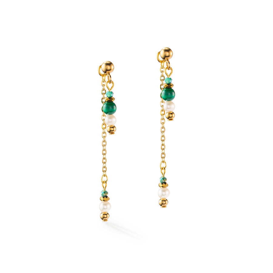 Orecchini Harmony multi wear oro con perle d'acqua dolce e malachite