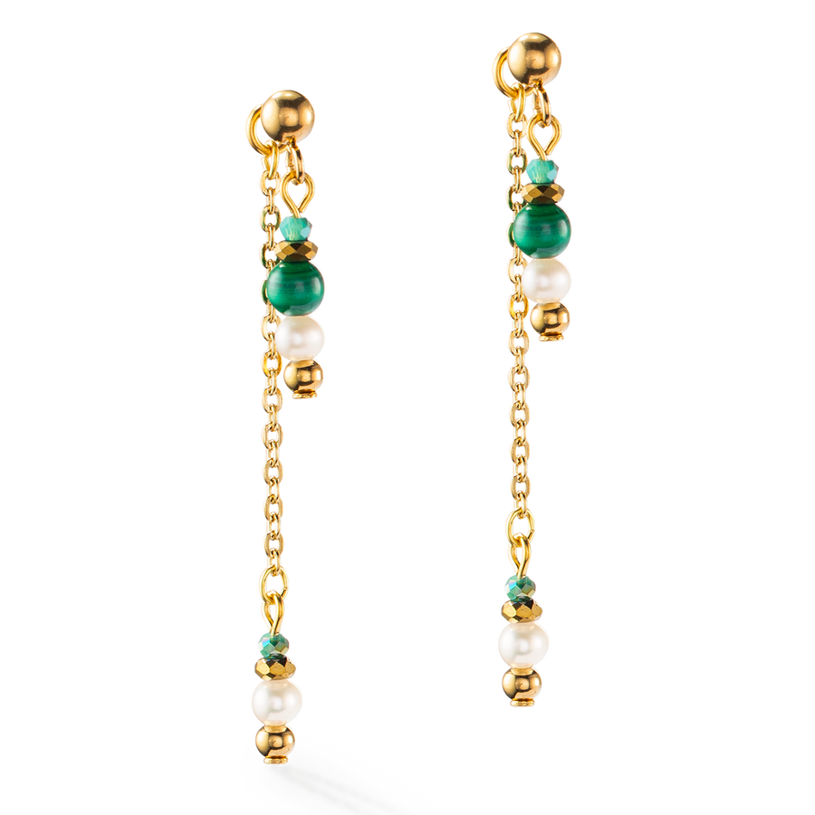 Orecchini Harmony multi wear oro con perle d'acqua dolce e malachite