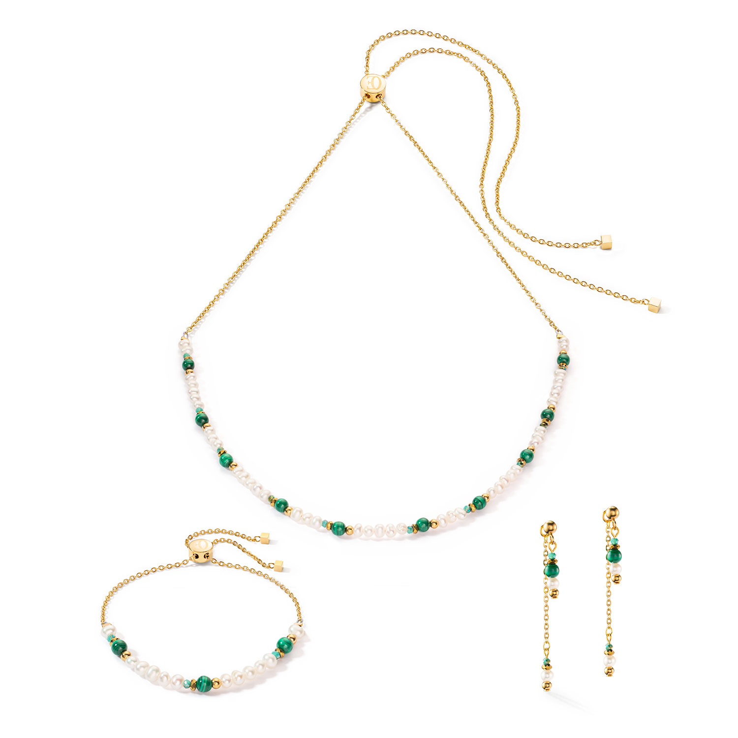Orecchini Harmony multi wear oro con perle d'acqua dolce e malachite