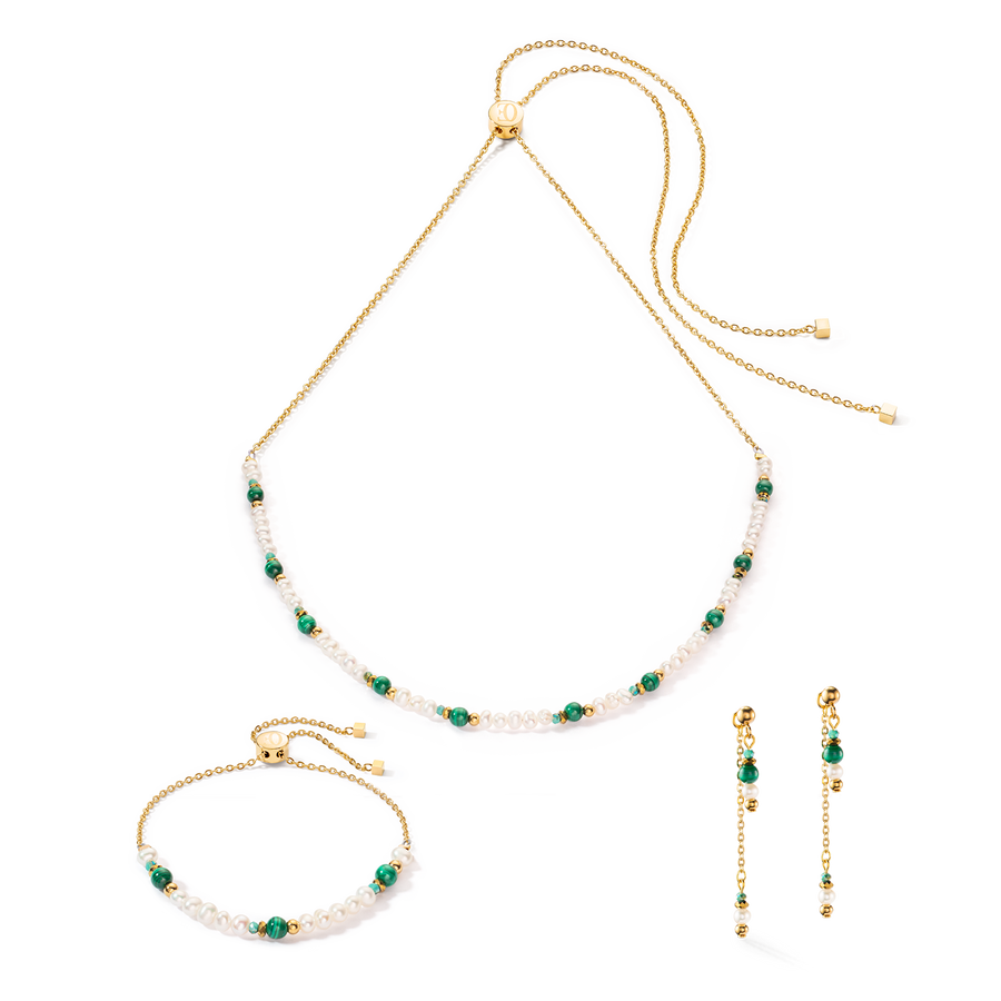 Orecchini Harmony multi wear oro con perle d'acqua dolce e malachite