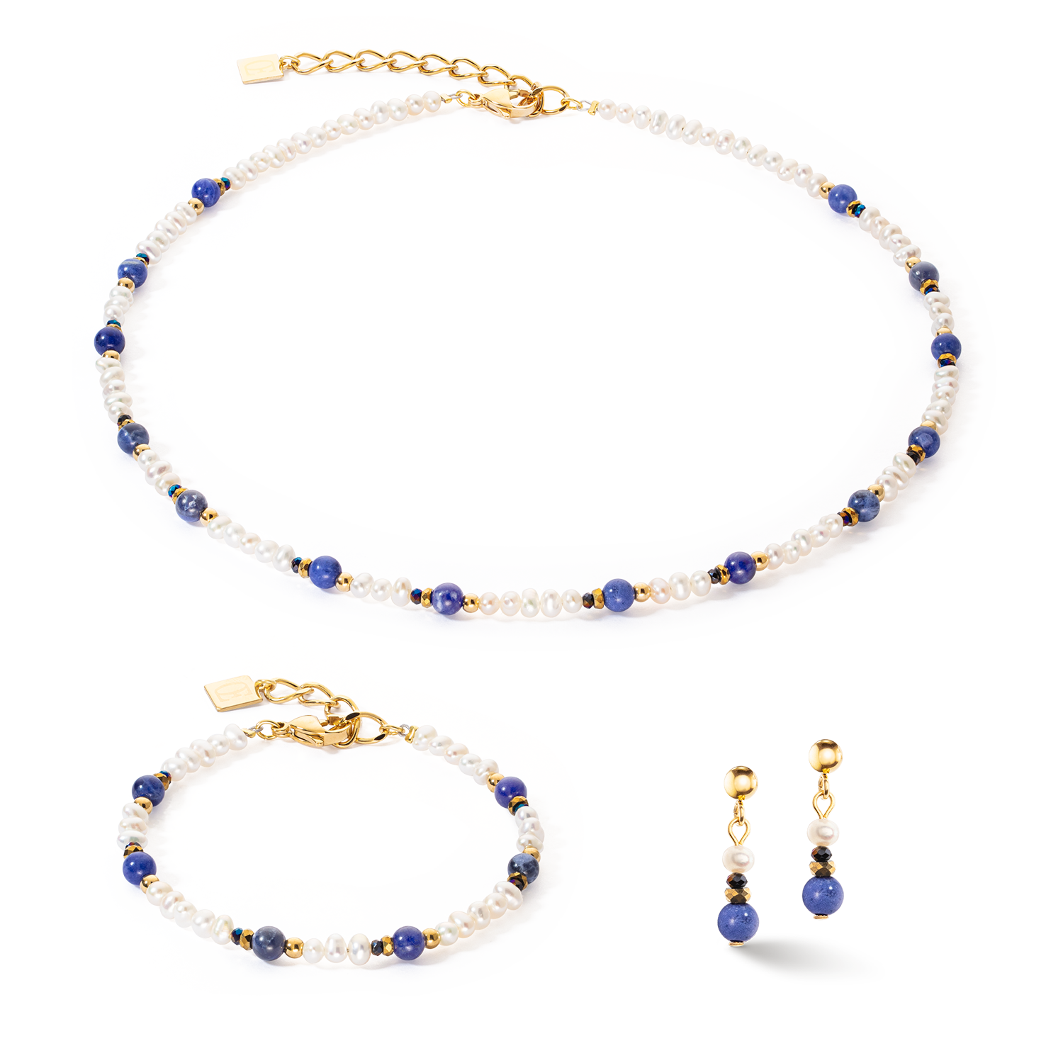 Collana Flow Perle d'acqua dolce e Sodalite oro