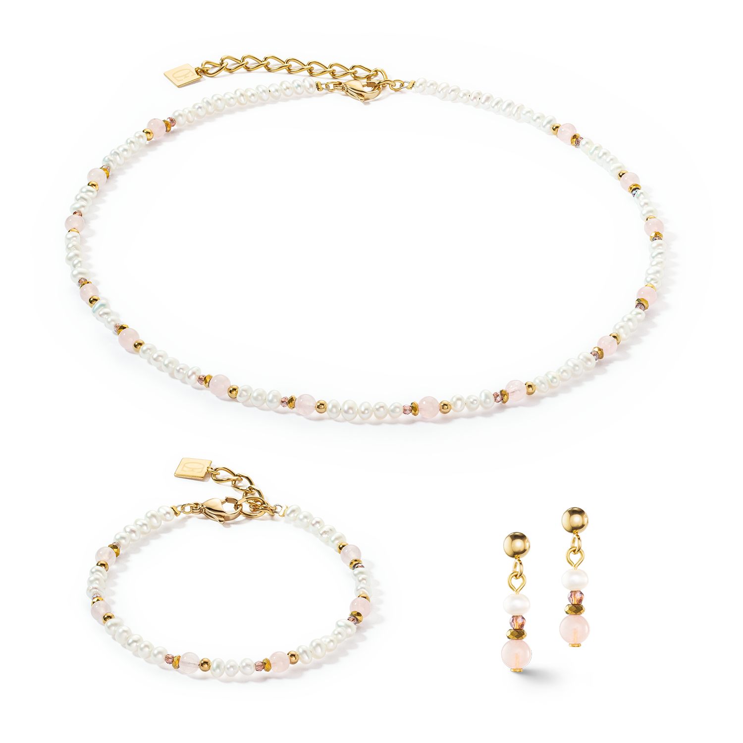 Orecchini Romantic Freshwater Pearls et quarzo rosa oro