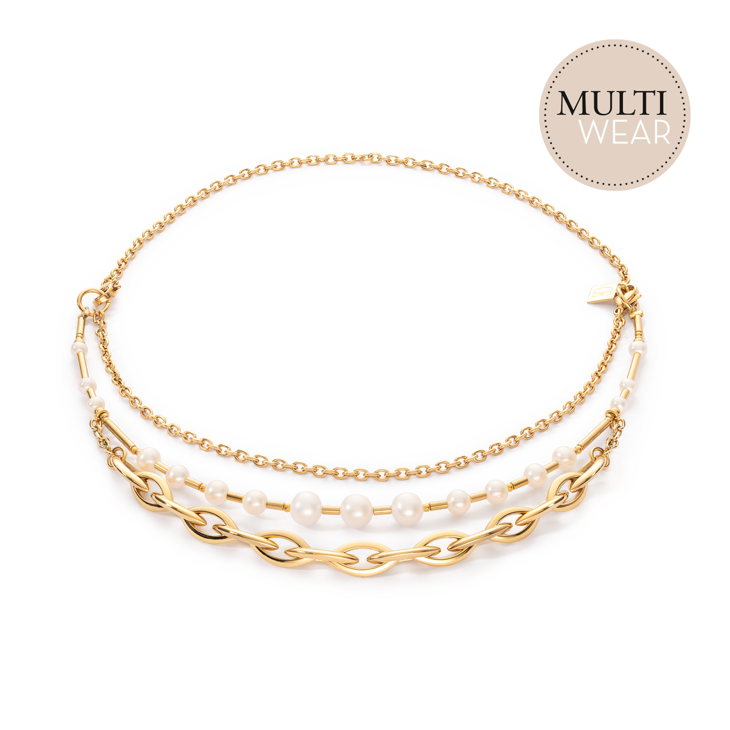 Collana Perle d'acqua dolce e Chunky Chain Navette Multiwear bianco-oro