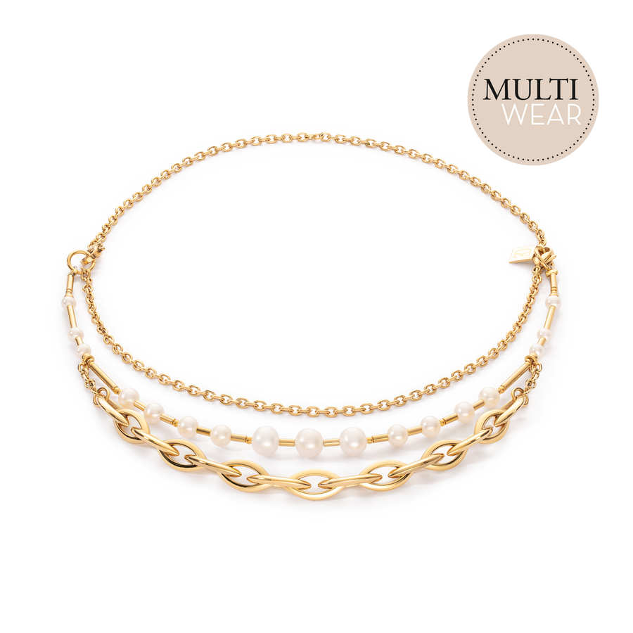 Collana Perle d'acqua dolce e Chunky Chain Navette Multiwear bianco-oro