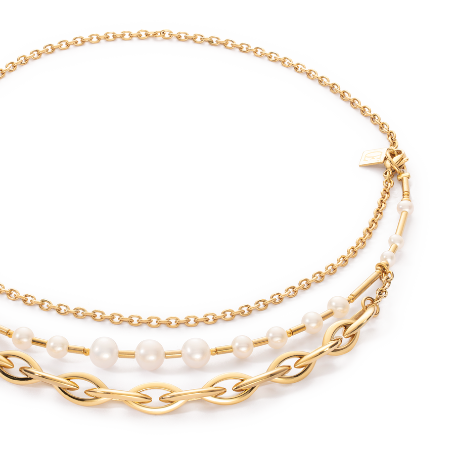 Collana Perle d'acqua dolce e Chunky Chain Navette Multiwear bianco-oro