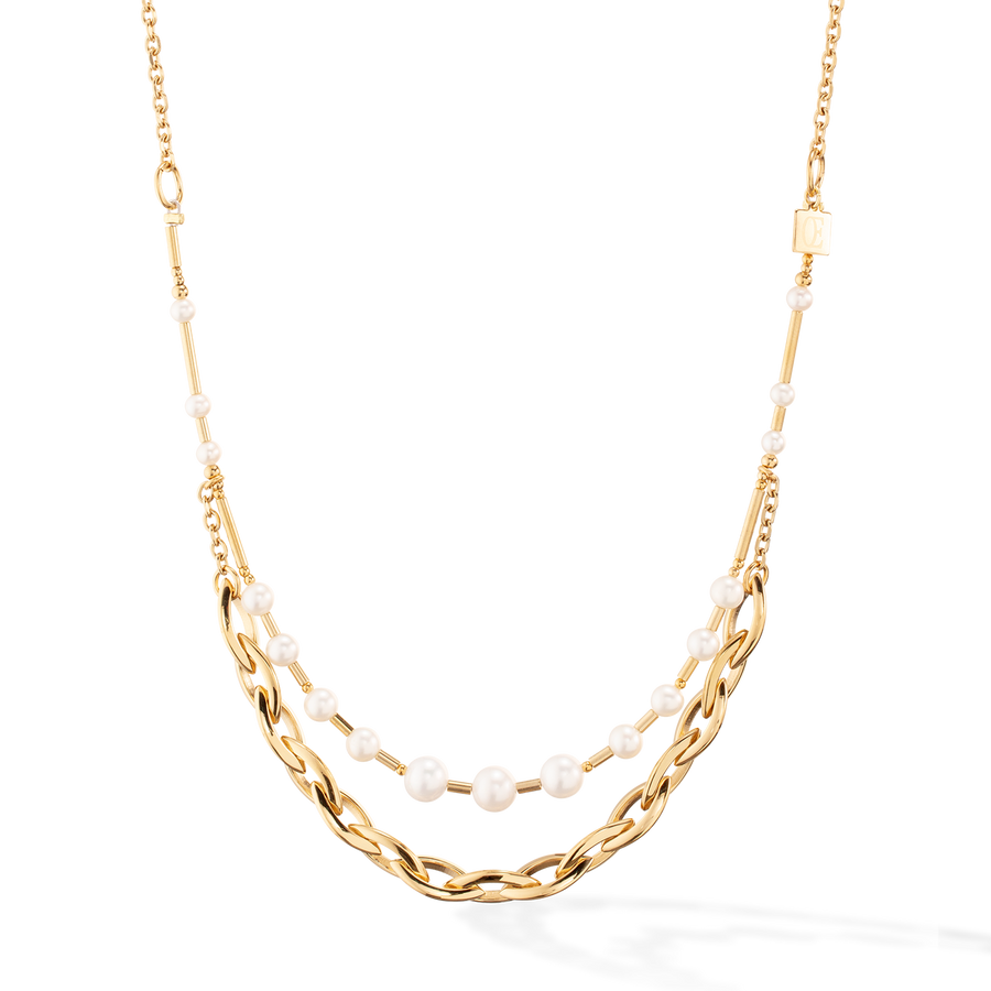 Collana Perle d'acqua dolce e Chunky Chain Navette Multiwear bianco-oro