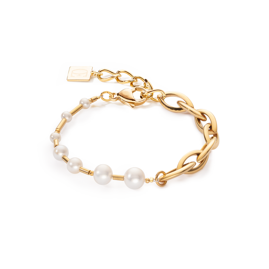 Bracciale Perle d'acqua dolce e Chunky Chain Navette Multiwear bianco-oro