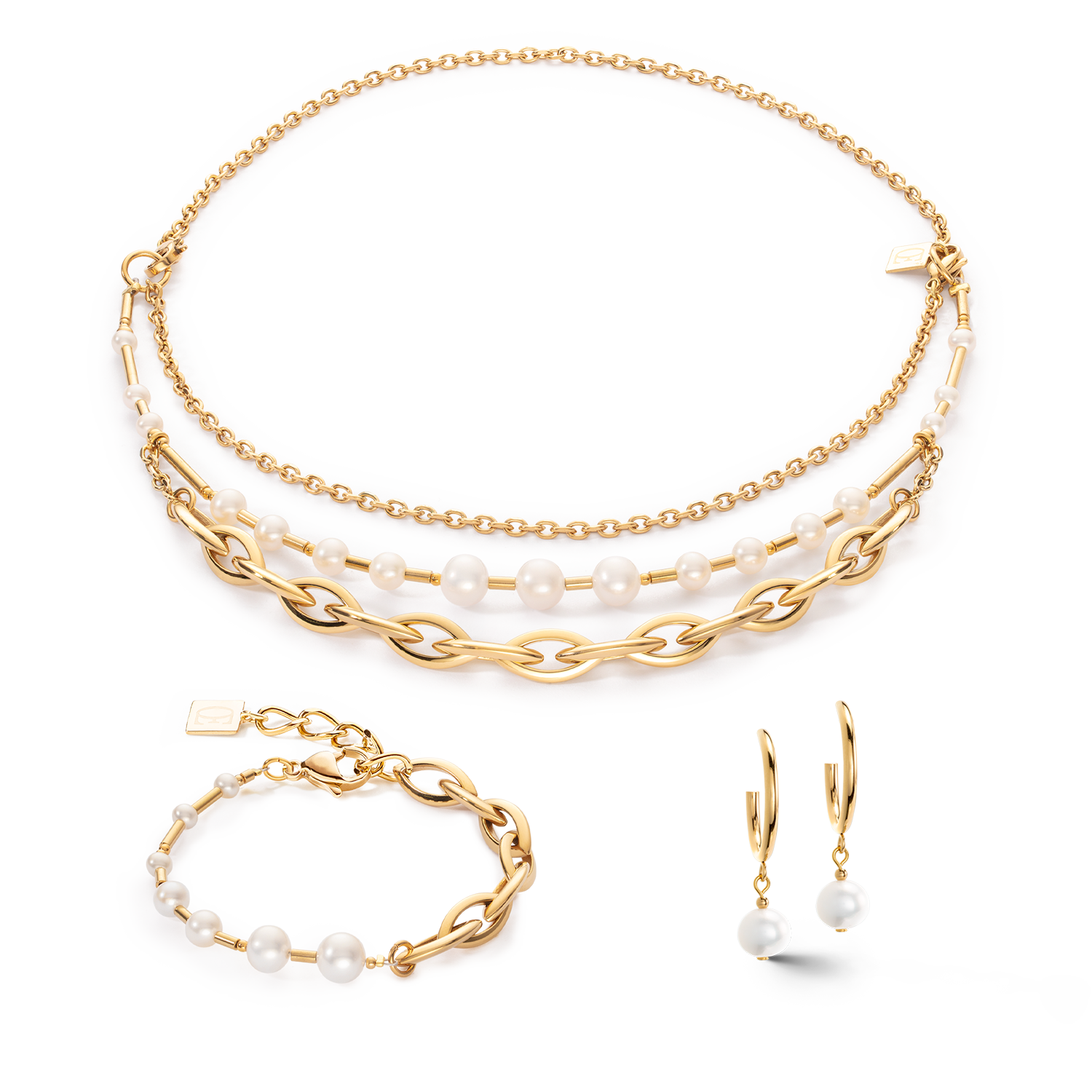 Bracciale Perle d'acqua dolce e Chunky Chain Navette Multiwear bianco-oro