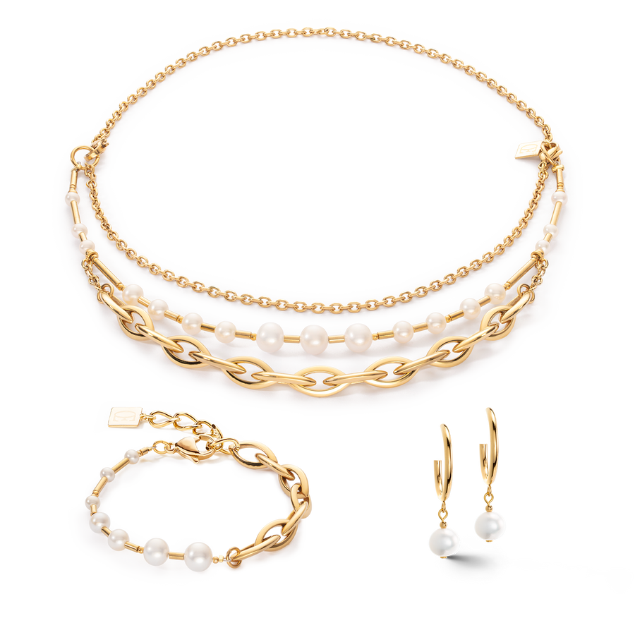 Bracciale Perle d'acqua dolce e Chunky Chain Navette Multiwear bianco-oro