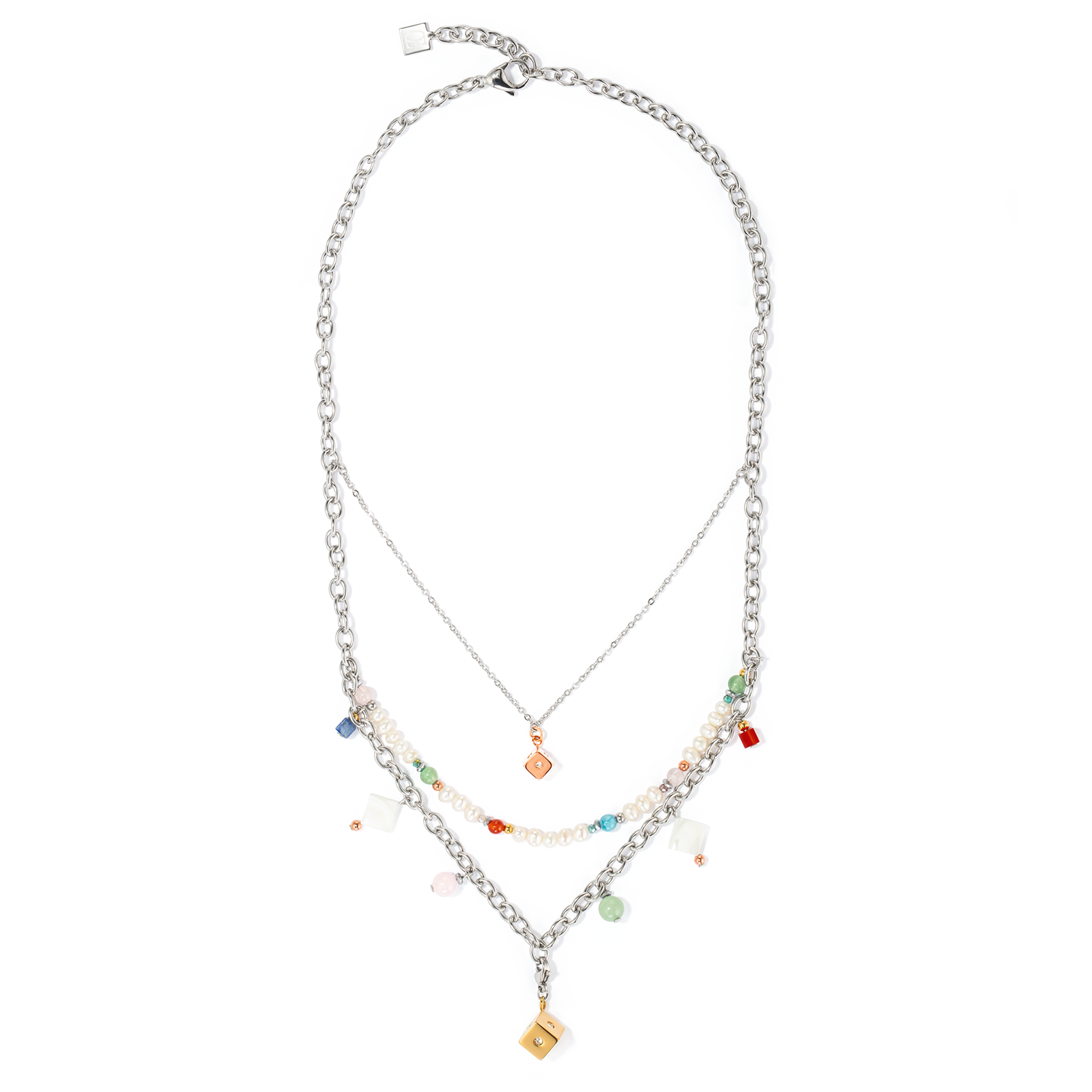 Collana boho argento-multicolor con perle d'acqua dolce