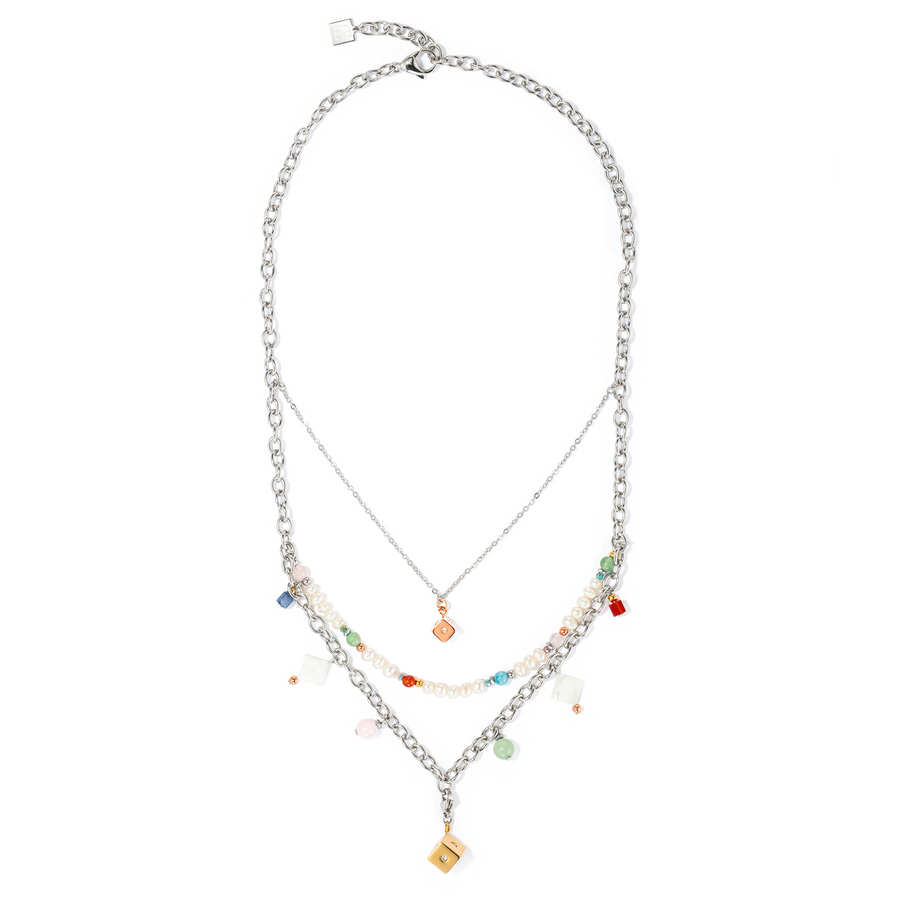 Collana boho argento-multicolor con perle d'acqua dolce