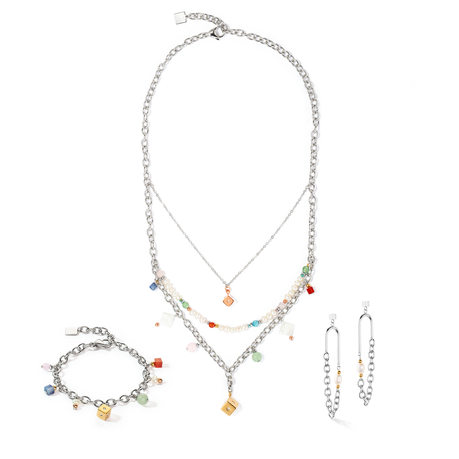 Collana boho argento-multicolor con perle d'acqua dolce