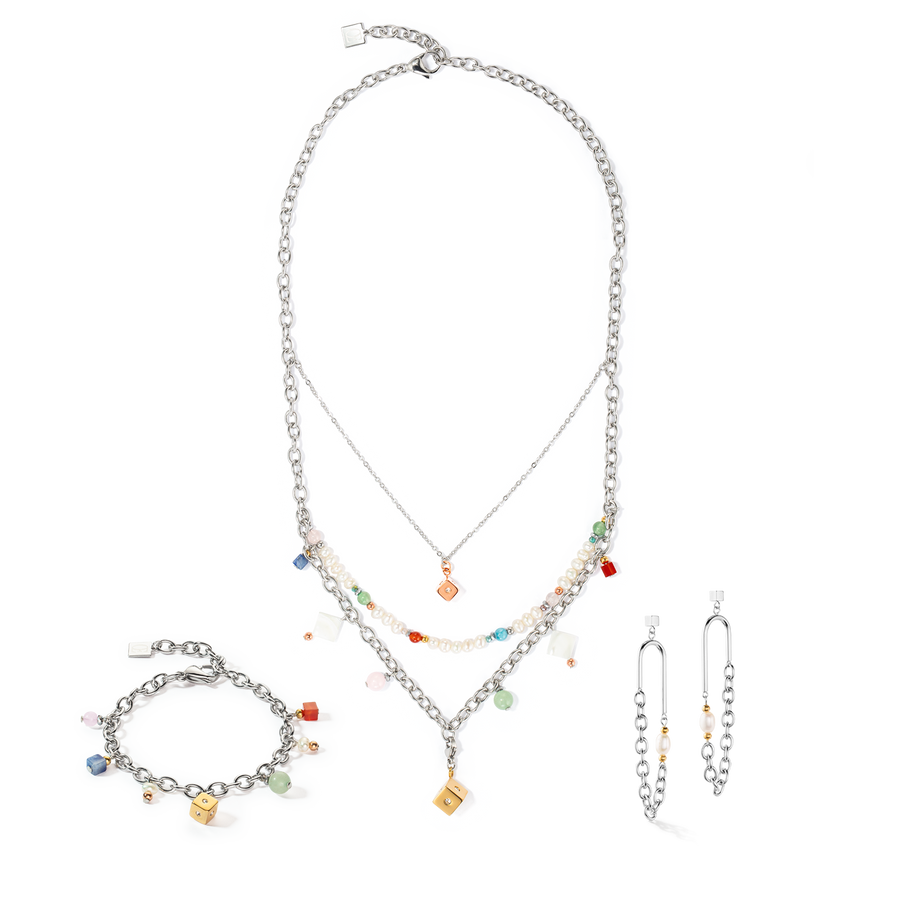 Collana boho argento-multicolor con perle d'acqua dolce