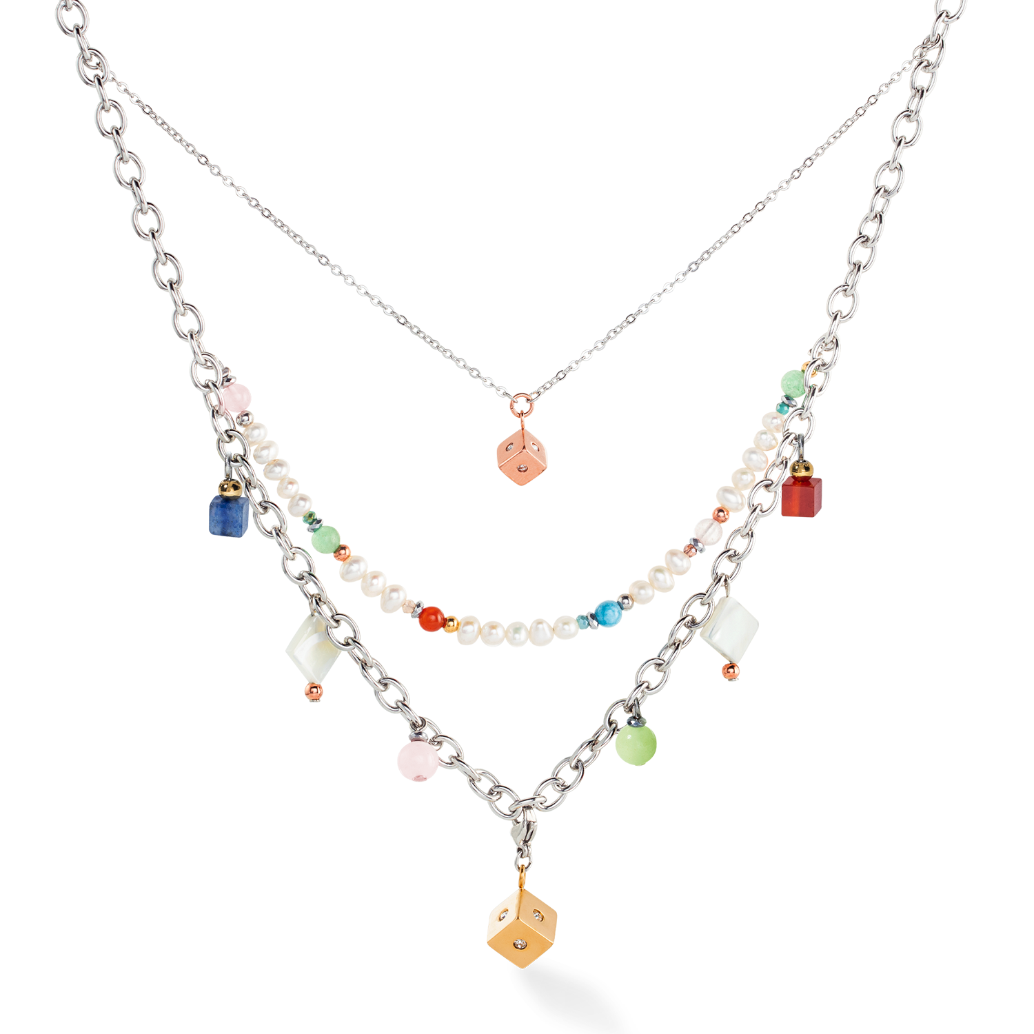 Collana boho argento-multicolor con perle d'acqua dolce