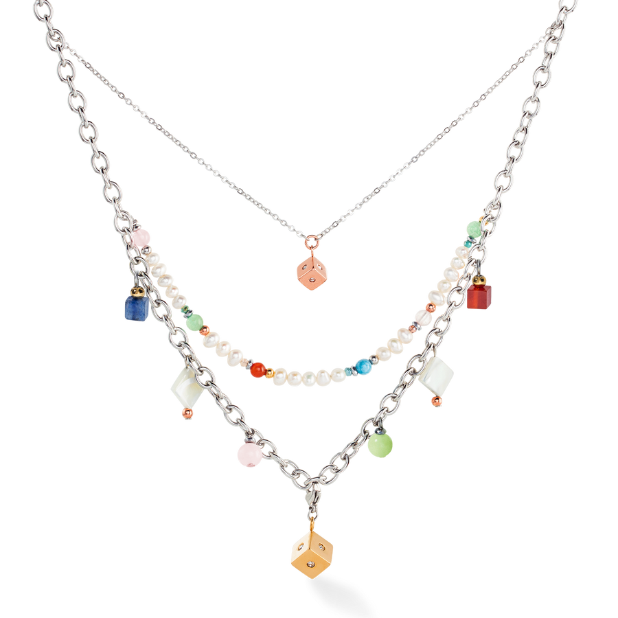 Collana boho argento-multicolor con perle d'acqua dolce