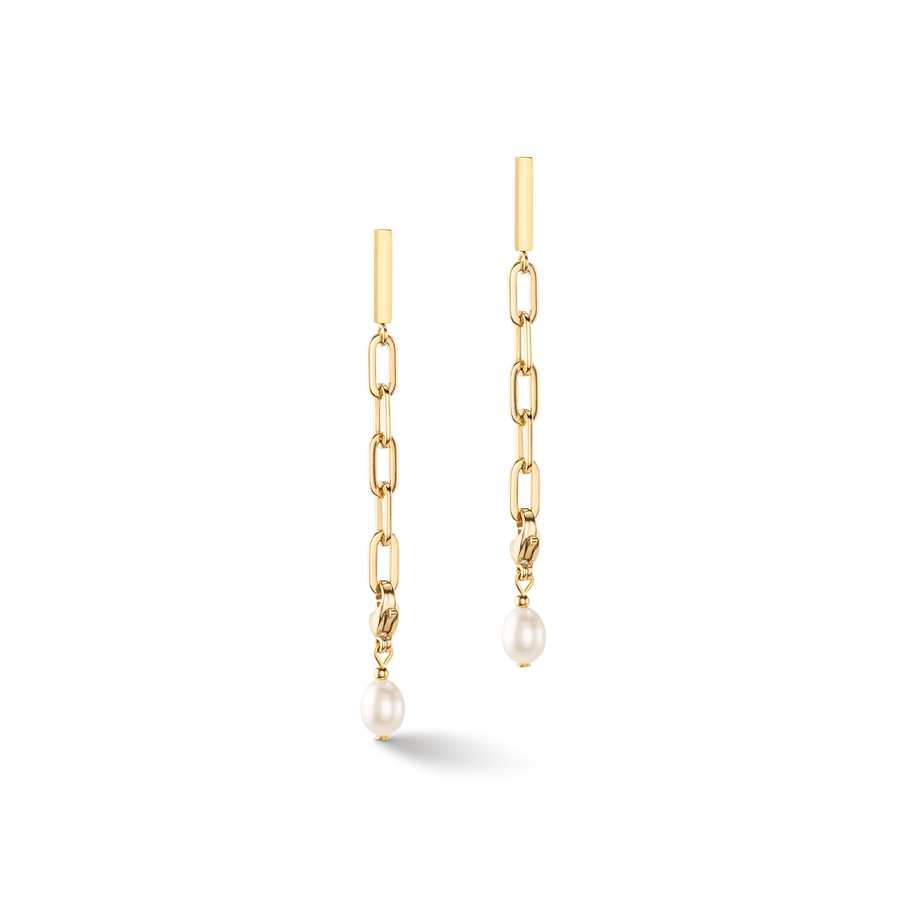 Orecchini Modern Chain oro e charm con perle d'acqua dolce
