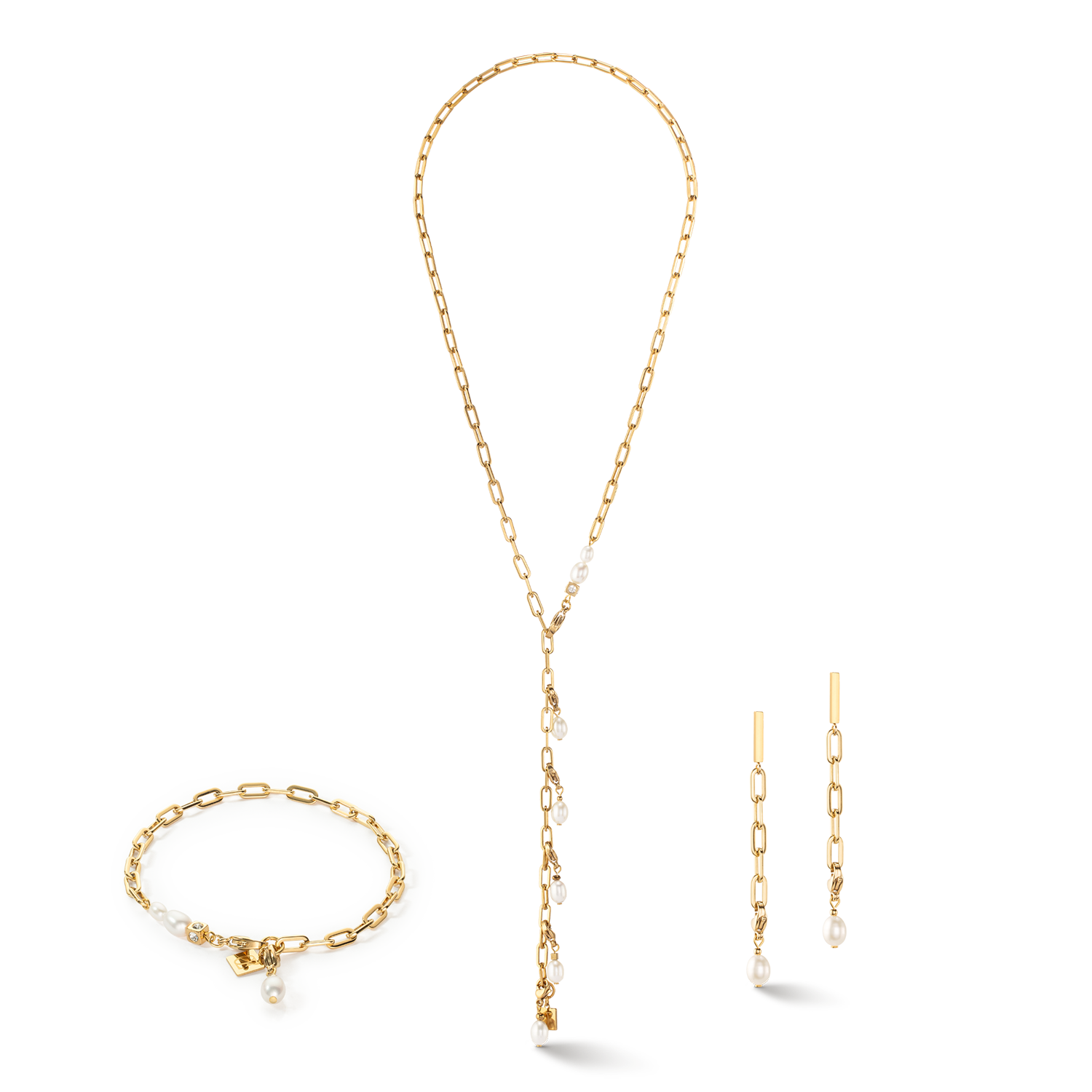 Orecchini Modern Chain oro e charm con perle d'acqua dolce