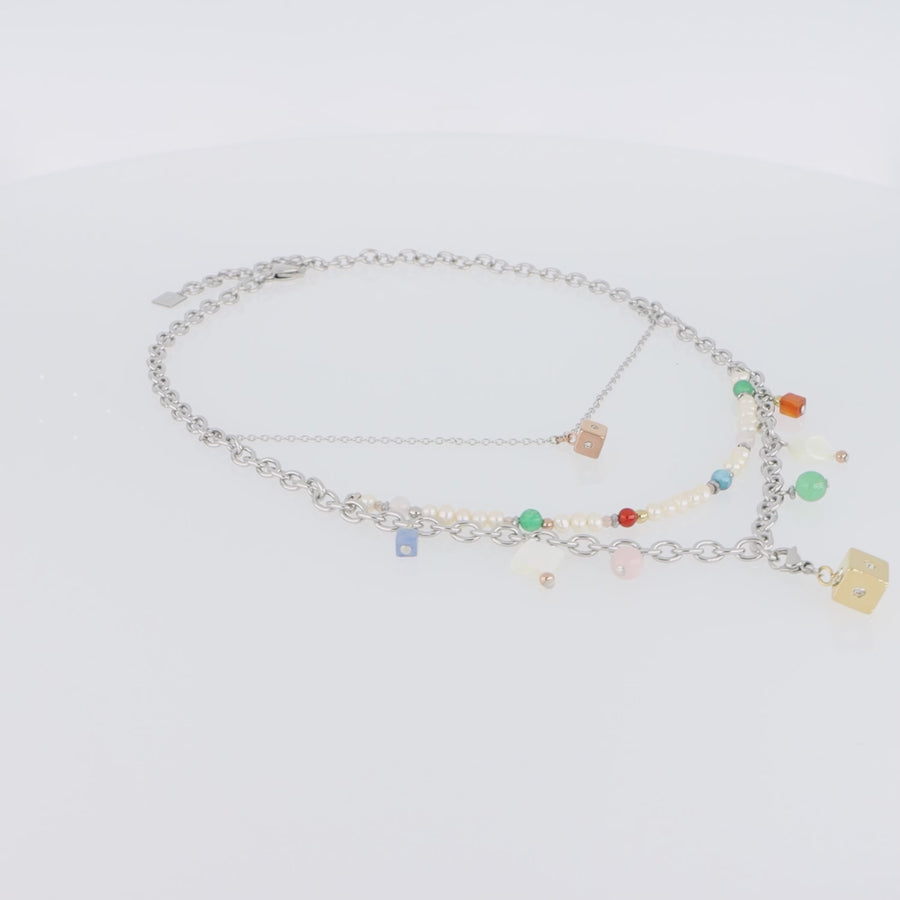 Collana boho argento-multicolor con perle d'acqua dolce