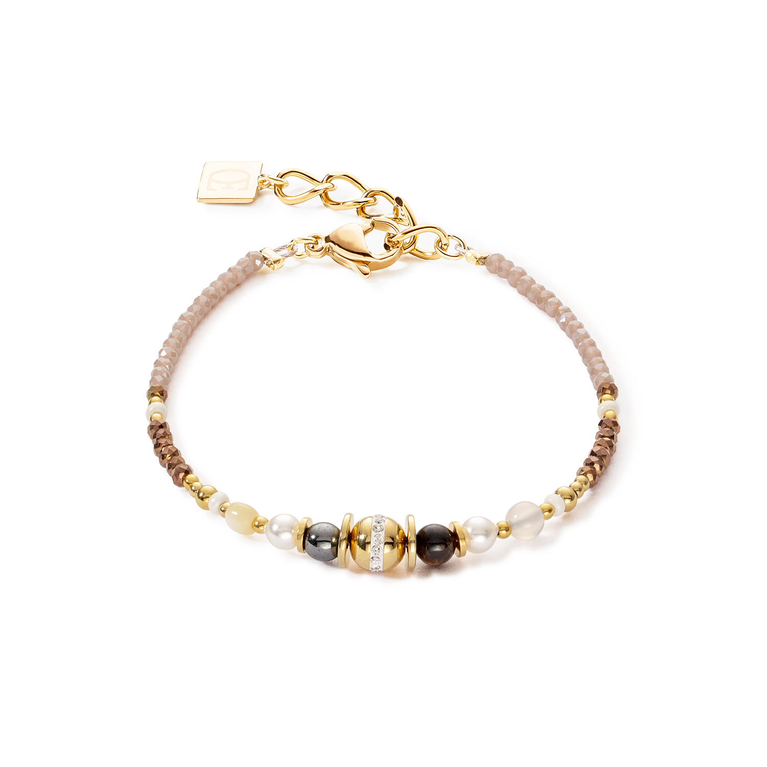 Braccialetto palla small di pietre preziose e Crystal Pearls marron-oro