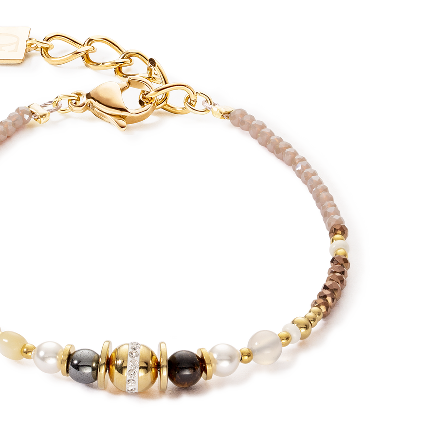 Braccialetto palla small di pietre preziose e Crystal Pearls marron-oro