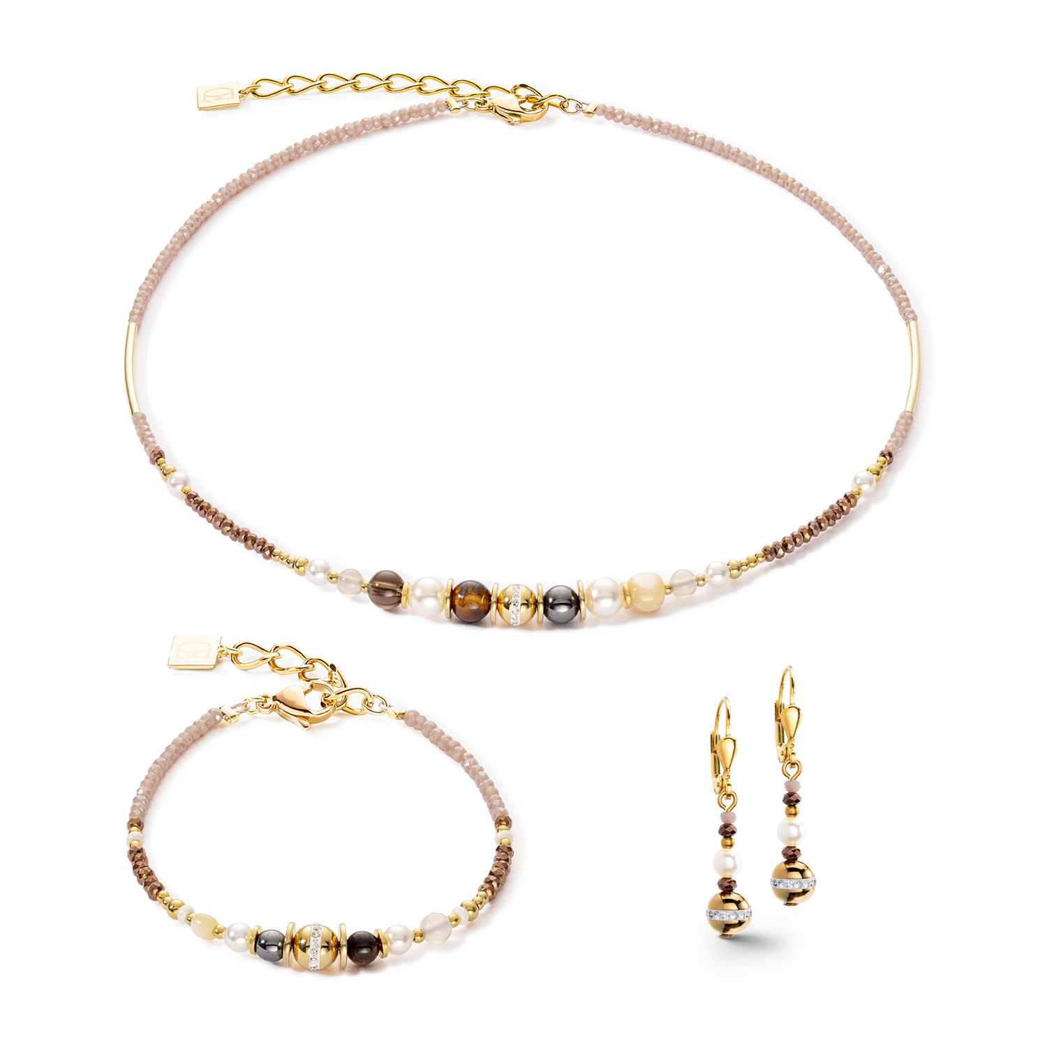 Braccialetto palla small di pietre preziose e Crystal Pearls marron-oro