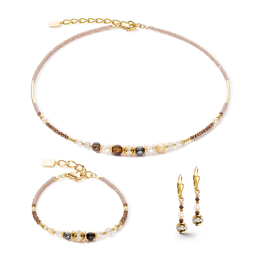 Braccialetto palla small di pietre preziose e Crystal Pearls marron-oro