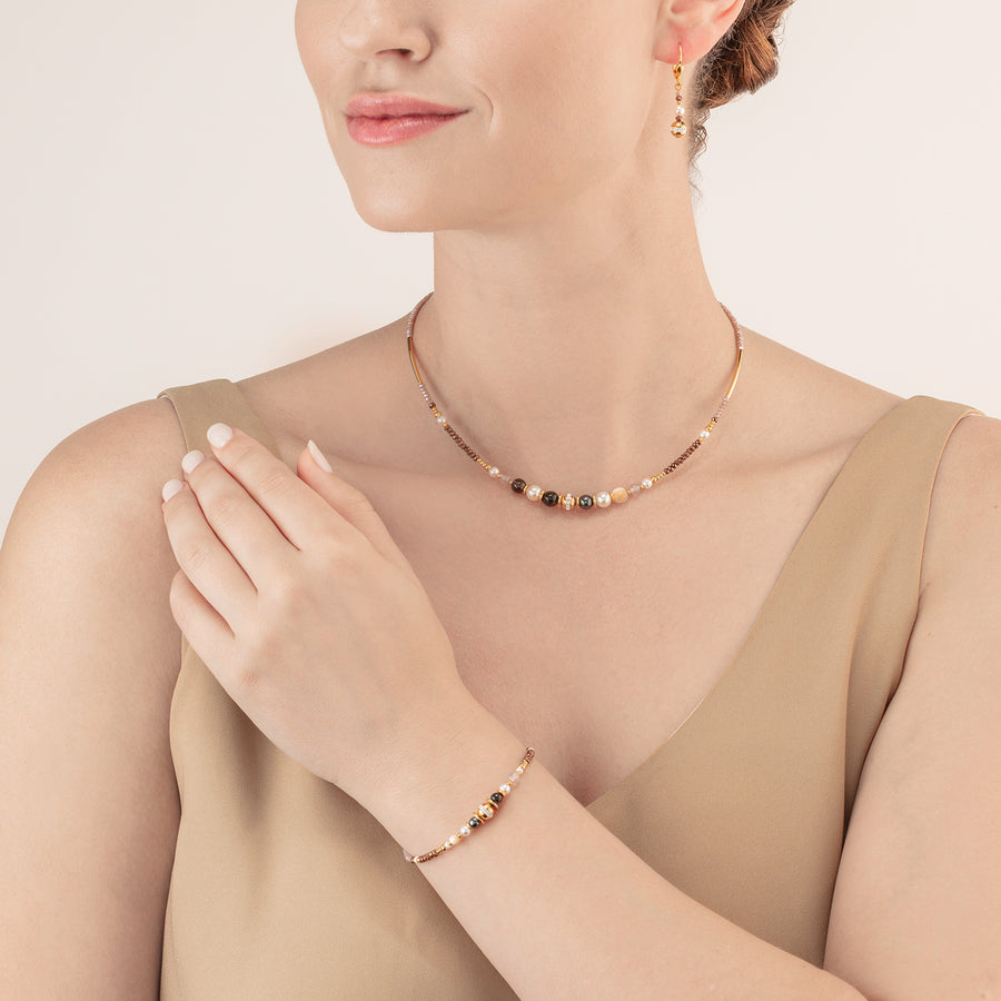 Braccialetto palla small di pietre preziose e Crystal Pearls marron-oro