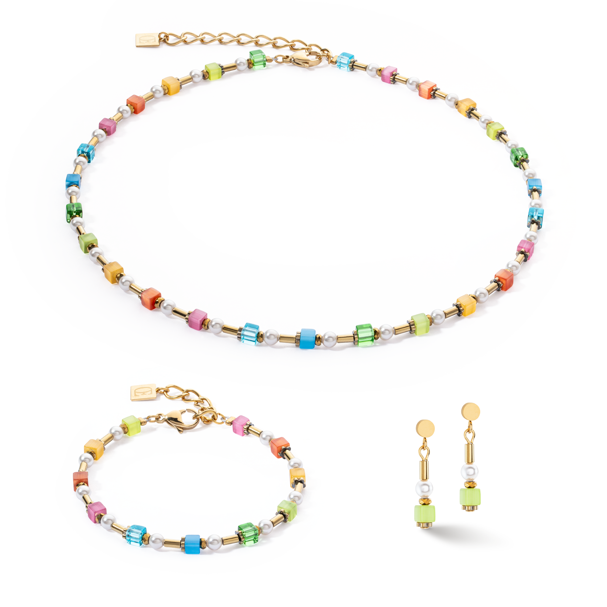 Collana Mini Cubes e Pearls Mix oro-arcobaleno